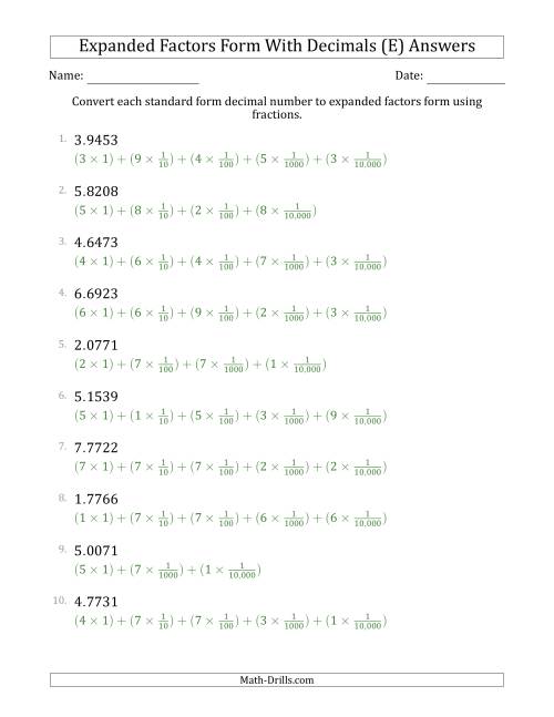 The Converting Standard Form Decimals to Expanded Factors Form Using Fractions (1-Digit Before the Decimal; 4-Digits After the Decimal) (E) Math Worksheet Page 2