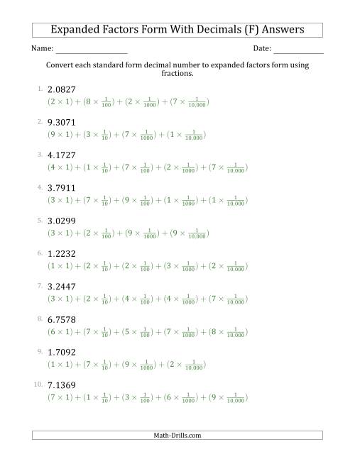 The Converting Standard Form Decimals to Expanded Factors Form Using Fractions (1-Digit Before the Decimal; 4-Digits After the Decimal) (F) Math Worksheet Page 2