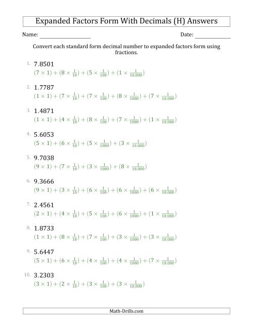 The Converting Standard Form Decimals to Expanded Factors Form Using Fractions (1-Digit Before the Decimal; 4-Digits After the Decimal) (H) Math Worksheet Page 2