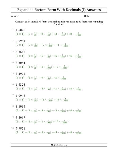 The Converting Standard Form Decimals to Expanded Factors Form Using Fractions (1-Digit Before the Decimal; 4-Digits After the Decimal) (I) Math Worksheet Page 2