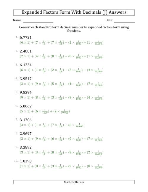 The Converting Standard Form Decimals to Expanded Factors Form Using Fractions (1-Digit Before the Decimal; 4-Digits After the Decimal) (J) Math Worksheet Page 2