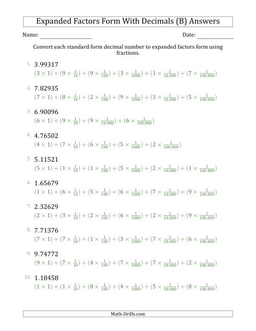 The Converting Standard Form Decimals to Expanded Factors Form Using Fractions (1-Digit Before the Decimal; 5-Digits After the Decimal) (B) Math Worksheet Page 2