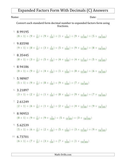 The Converting Standard Form Decimals to Expanded Factors Form Using Fractions (1-Digit Before the Decimal; 5-Digits After the Decimal) (C) Math Worksheet Page 2