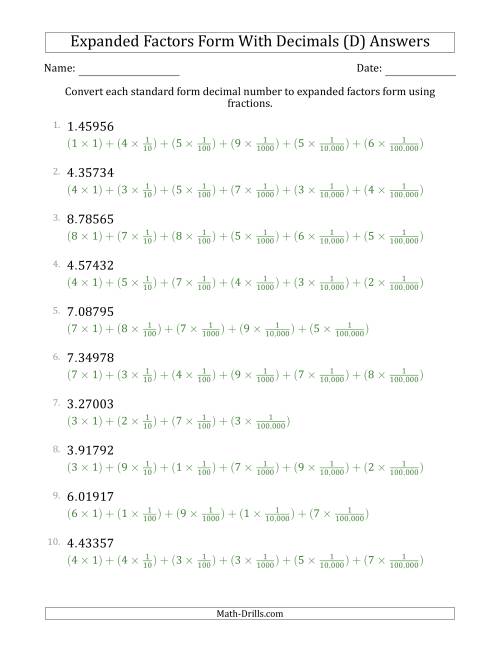 The Converting Standard Form Decimals to Expanded Factors Form Using Fractions (1-Digit Before the Decimal; 5-Digits After the Decimal) (D) Math Worksheet Page 2