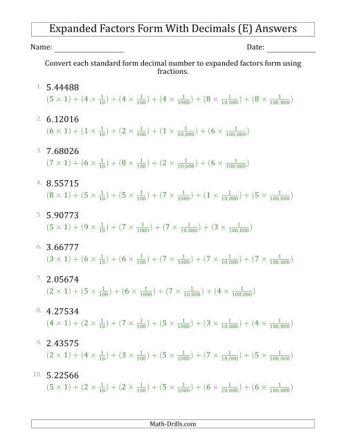 The Converting Standard Form Decimals to Expanded Factors Form Using Fractions (1-Digit Before the Decimal; 5-Digits After the Decimal) (E) Math Worksheet Page 2