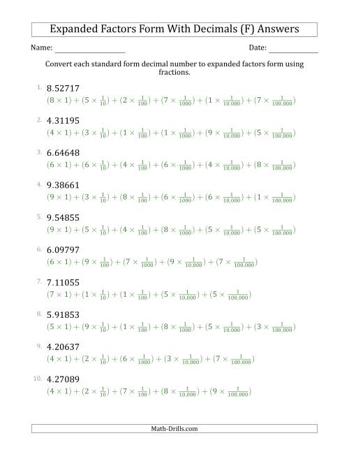 The Converting Standard Form Decimals to Expanded Factors Form Using Fractions (1-Digit Before the Decimal; 5-Digits After the Decimal) (F) Math Worksheet Page 2