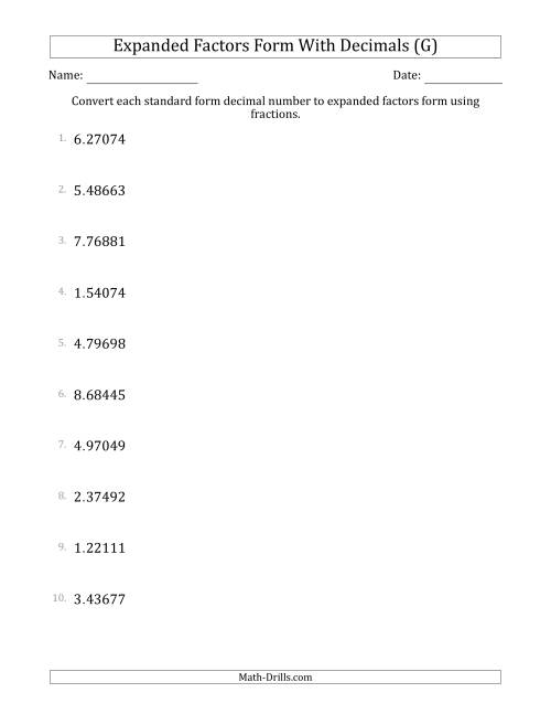 The Converting Standard Form Decimals to Expanded Factors Form Using Fractions (1-Digit Before the Decimal; 5-Digits After the Decimal) (G) Math Worksheet