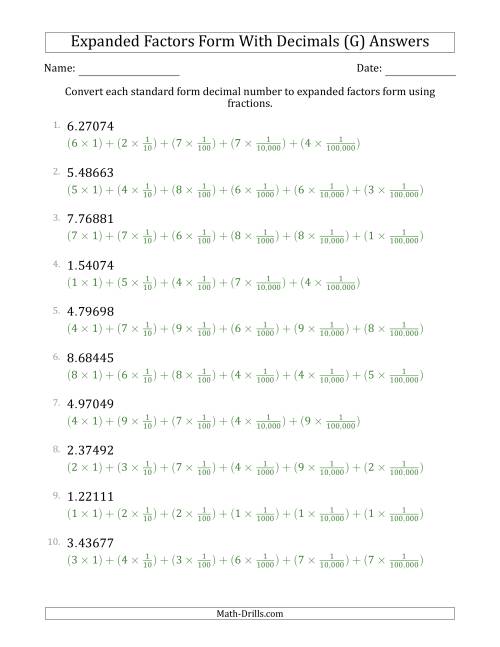 The Converting Standard Form Decimals to Expanded Factors Form Using Fractions (1-Digit Before the Decimal; 5-Digits After the Decimal) (G) Math Worksheet Page 2