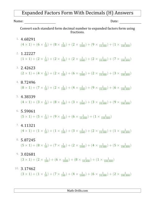 The Converting Standard Form Decimals to Expanded Factors Form Using Fractions (1-Digit Before the Decimal; 5-Digits After the Decimal) (H) Math Worksheet Page 2