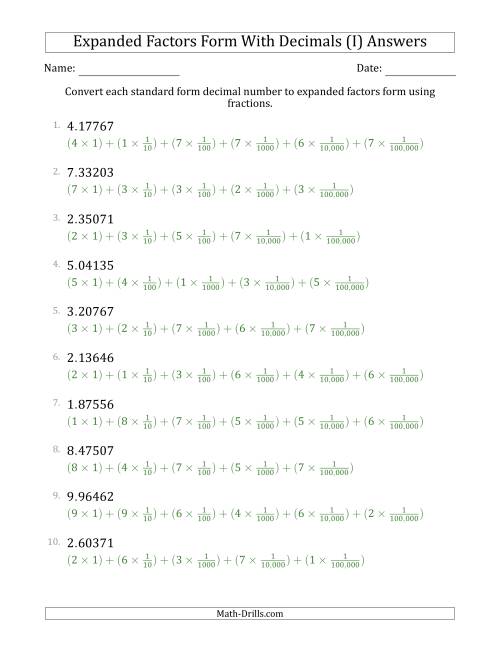The Converting Standard Form Decimals to Expanded Factors Form Using Fractions (1-Digit Before the Decimal; 5-Digits After the Decimal) (I) Math Worksheet Page 2