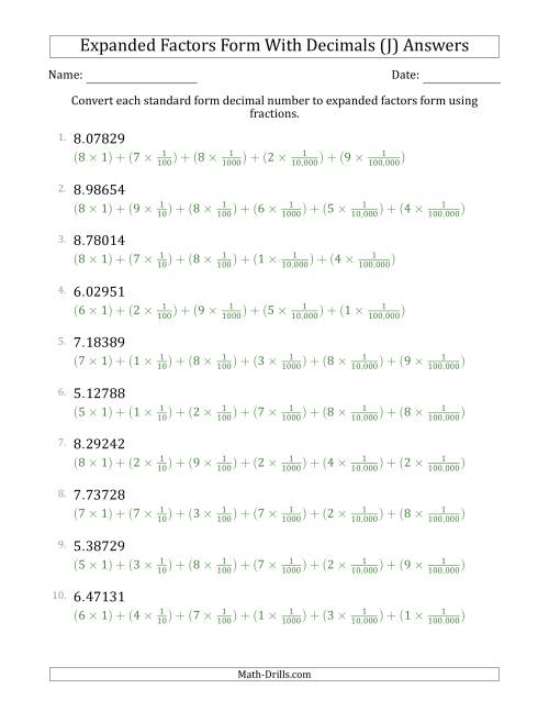 The Converting Standard Form Decimals to Expanded Factors Form Using Fractions (1-Digit Before the Decimal; 5-Digits After the Decimal) (J) Math Worksheet Page 2