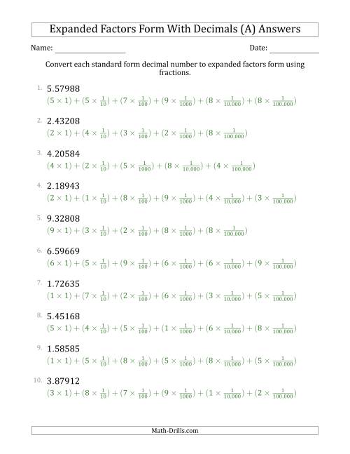 The Converting Standard Form Decimals to Expanded Factors Form Using Fractions (1-Digit Before the Decimal; 5-Digits After the Decimal) (All) Math Worksheet Page 2
