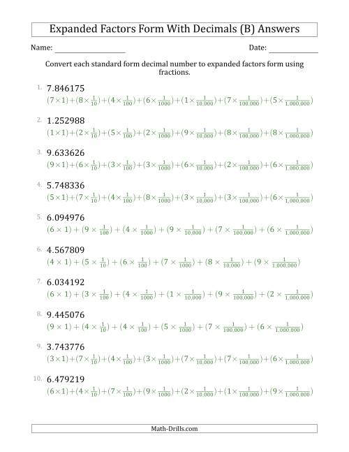 The Converting Standard Form Decimals to Expanded Factors Form Using Fractions (1-Digit Before the Decimal; 6-Digits After the Decimal) (B) Math Worksheet Page 2