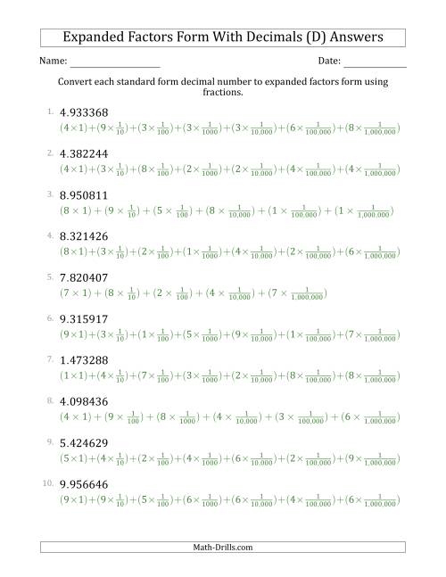 The Converting Standard Form Decimals to Expanded Factors Form Using Fractions (1-Digit Before the Decimal; 6-Digits After the Decimal) (D) Math Worksheet Page 2