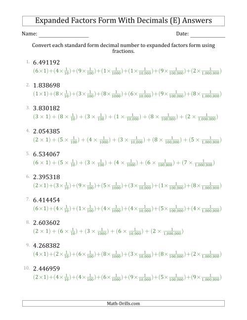 The Converting Standard Form Decimals to Expanded Factors Form Using Fractions (1-Digit Before the Decimal; 6-Digits After the Decimal) (E) Math Worksheet Page 2