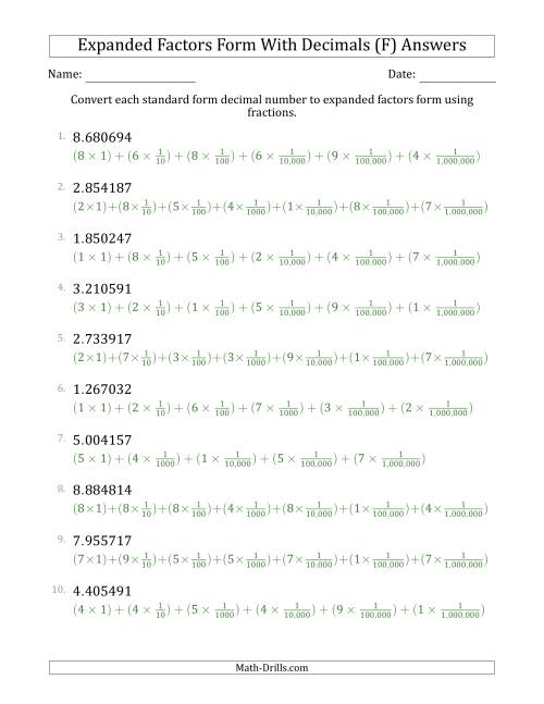 The Converting Standard Form Decimals to Expanded Factors Form Using Fractions (1-Digit Before the Decimal; 6-Digits After the Decimal) (F) Math Worksheet Page 2