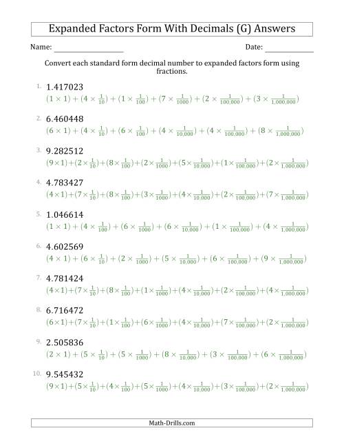 The Converting Standard Form Decimals to Expanded Factors Form Using Fractions (1-Digit Before the Decimal; 6-Digits After the Decimal) (G) Math Worksheet Page 2