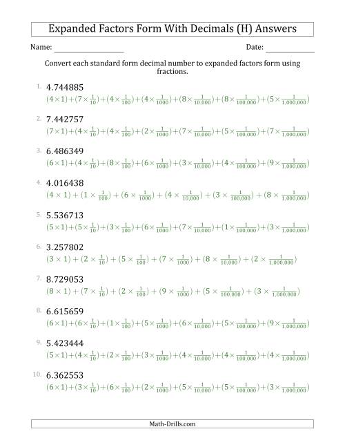 The Converting Standard Form Decimals to Expanded Factors Form Using Fractions (1-Digit Before the Decimal; 6-Digits After the Decimal) (H) Math Worksheet Page 2