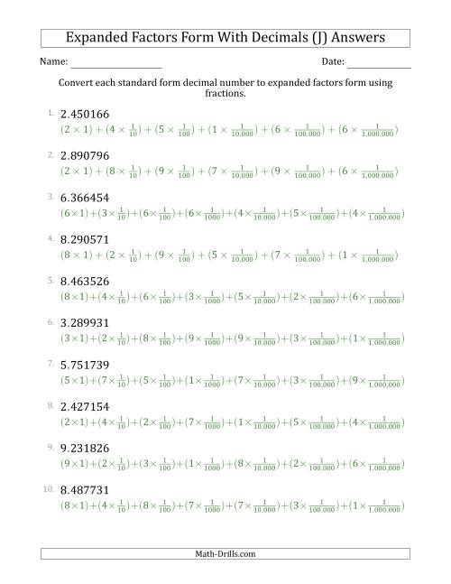 The Converting Standard Form Decimals to Expanded Factors Form Using Fractions (1-Digit Before the Decimal; 6-Digits After the Decimal) (J) Math Worksheet Page 2