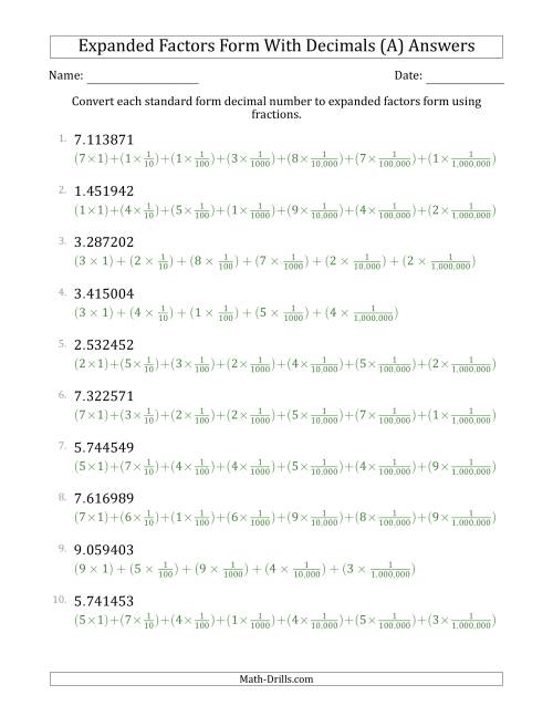 The Converting Standard Form Decimals to Expanded Factors Form Using Fractions (1-Digit Before the Decimal; 6-Digits After the Decimal) (All) Math Worksheet Page 2
