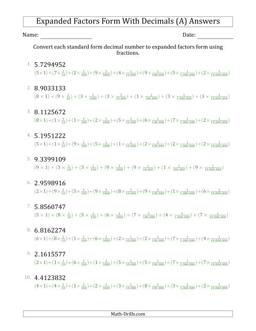 The Converting Standard Form Decimals to Expanded Factors Form Using Fractions (1-Digit Before the Decimal; 7-Digits After the Decimal) (A) Math Worksheet Page 2