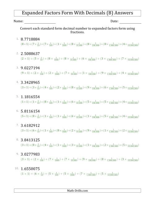 The Converting Standard Form Decimals to Expanded Factors Form Using Fractions (1-Digit Before the Decimal; 7-Digits After the Decimal) (B) Math Worksheet Page 2