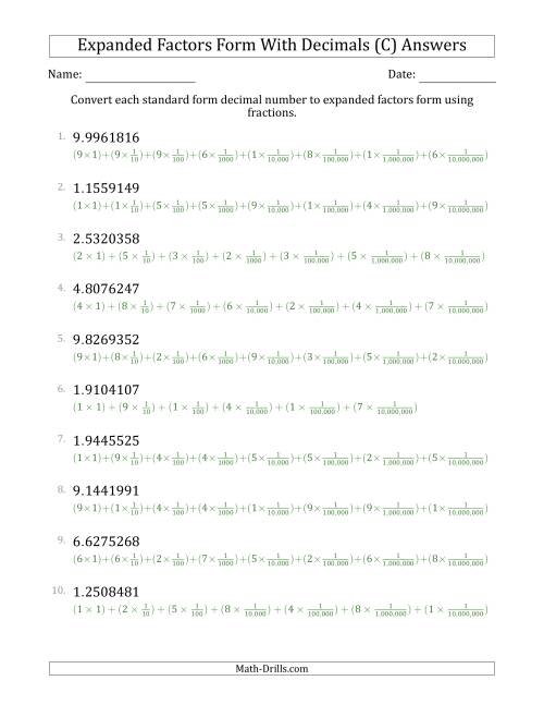 The Converting Standard Form Decimals to Expanded Factors Form Using Fractions (1-Digit Before the Decimal; 7-Digits After the Decimal) (C) Math Worksheet Page 2