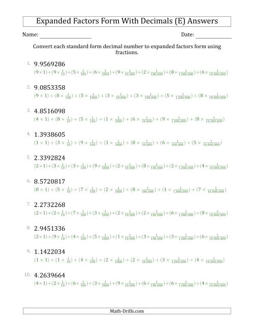 The Converting Standard Form Decimals to Expanded Factors Form Using Fractions (1-Digit Before the Decimal; 7-Digits After the Decimal) (E) Math Worksheet Page 2