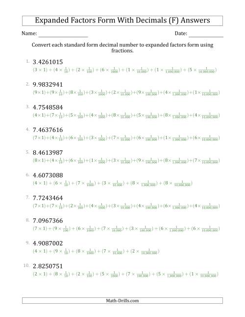 The Converting Standard Form Decimals to Expanded Factors Form Using Fractions (1-Digit Before the Decimal; 7-Digits After the Decimal) (F) Math Worksheet Page 2