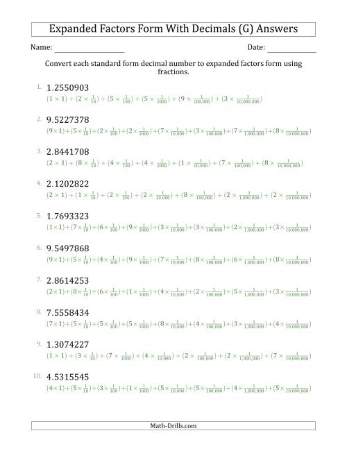 The Converting Standard Form Decimals to Expanded Factors Form Using Fractions (1-Digit Before the Decimal; 7-Digits After the Decimal) (G) Math Worksheet Page 2