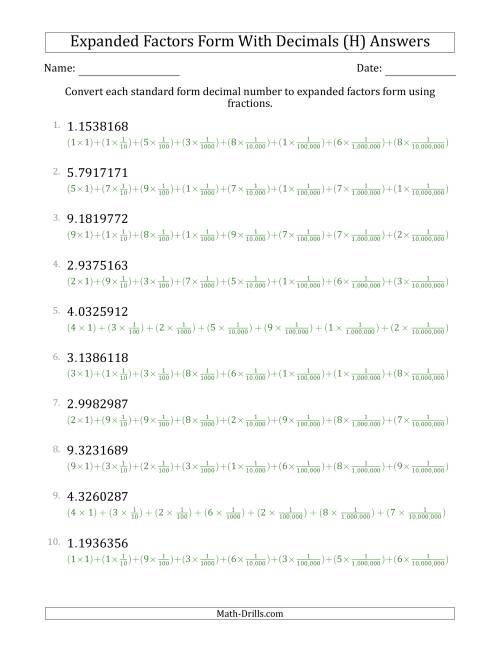 The Converting Standard Form Decimals to Expanded Factors Form Using Fractions (1-Digit Before the Decimal; 7-Digits After the Decimal) (H) Math Worksheet Page 2