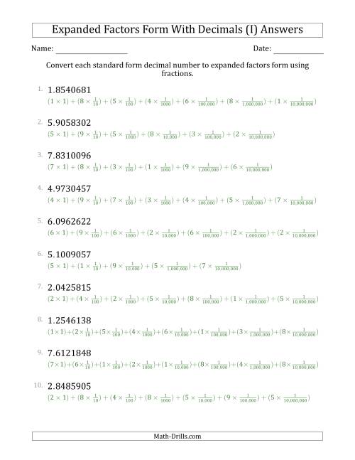 The Converting Standard Form Decimals to Expanded Factors Form Using Fractions (1-Digit Before the Decimal; 7-Digits After the Decimal) (I) Math Worksheet Page 2