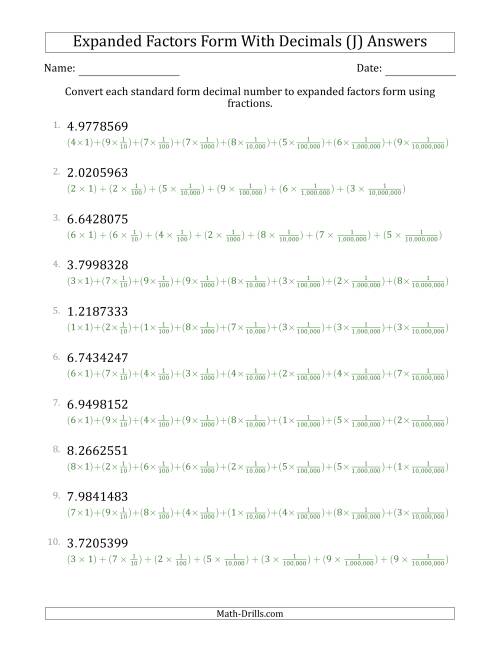 The Converting Standard Form Decimals to Expanded Factors Form Using Fractions (1-Digit Before the Decimal; 7-Digits After the Decimal) (J) Math Worksheet Page 2