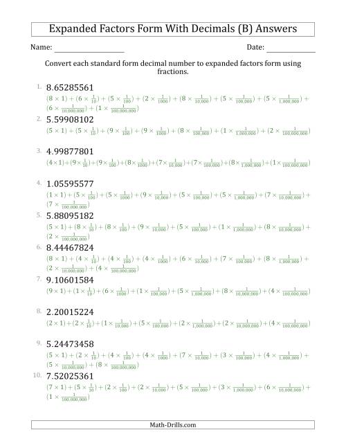 The Converting Standard Form Decimals to Expanded Factors Form Using Fractions (1-Digit Before the Decimal; 8-Digits After the Decimal) (B) Math Worksheet Page 2