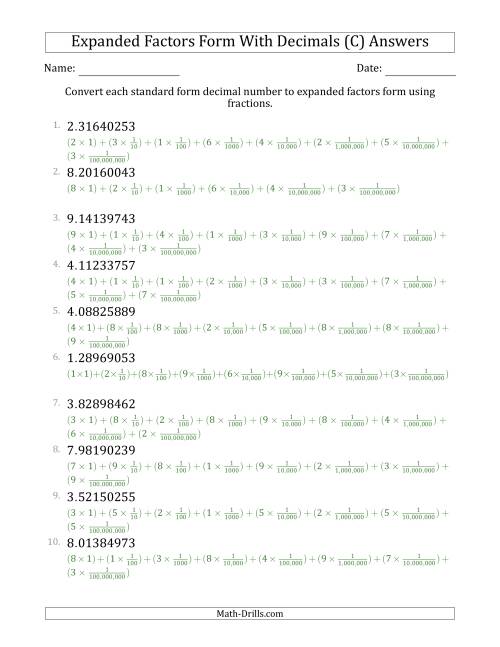 The Converting Standard Form Decimals to Expanded Factors Form Using Fractions (1-Digit Before the Decimal; 8-Digits After the Decimal) (C) Math Worksheet Page 2