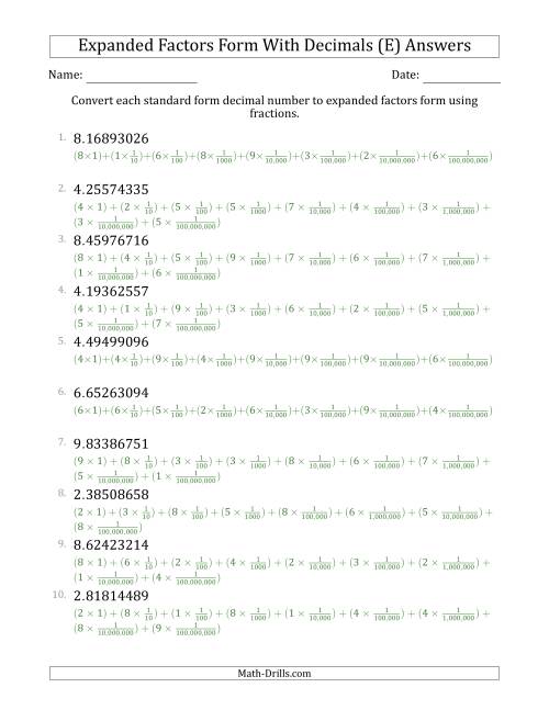 The Converting Standard Form Decimals to Expanded Factors Form Using Fractions (1-Digit Before the Decimal; 8-Digits After the Decimal) (E) Math Worksheet Page 2