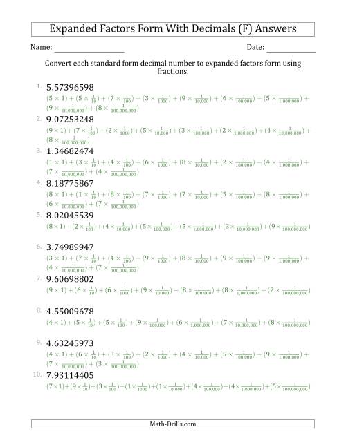 The Converting Standard Form Decimals to Expanded Factors Form Using Fractions (1-Digit Before the Decimal; 8-Digits After the Decimal) (F) Math Worksheet Page 2