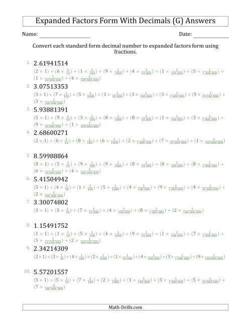 The Converting Standard Form Decimals to Expanded Factors Form Using Fractions (1-Digit Before the Decimal; 8-Digits After the Decimal) (G) Math Worksheet Page 2