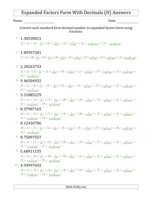 The Converting Standard Form Decimals to Expanded Factors Form Using Fractions (1-Digit Before the Decimal; 8-Digits After the Decimal) (H) Math Worksheet Page 2