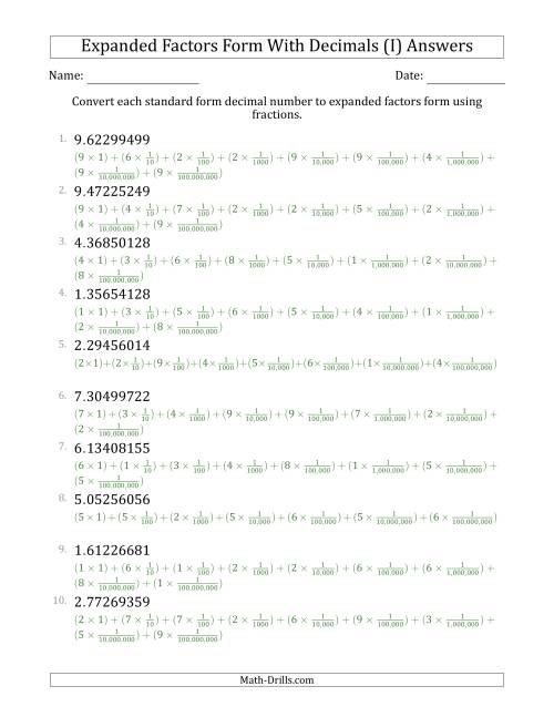 The Converting Standard Form Decimals to Expanded Factors Form Using Fractions (1-Digit Before the Decimal; 8-Digits After the Decimal) (I) Math Worksheet Page 2
