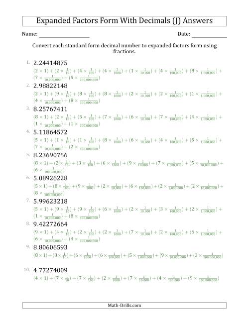The Converting Standard Form Decimals to Expanded Factors Form Using Fractions (1-Digit Before the Decimal; 8-Digits After the Decimal) (J) Math Worksheet Page 2