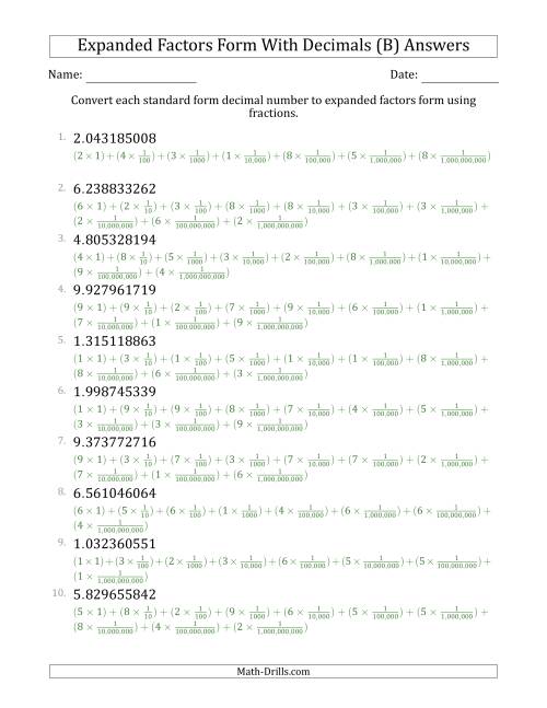 The Converting Standard Form Decimals to Expanded Factors Form Using Fractions (1-Digit Before the Decimal; 9-Digits After the Decimal) (B) Math Worksheet Page 2