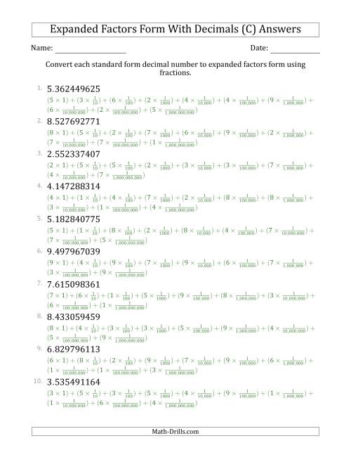 The Converting Standard Form Decimals to Expanded Factors Form Using Fractions (1-Digit Before the Decimal; 9-Digits After the Decimal) (C) Math Worksheet Page 2