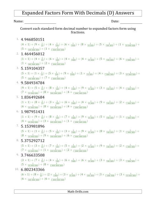 The Converting Standard Form Decimals to Expanded Factors Form Using Fractions (1-Digit Before the Decimal; 9-Digits After the Decimal) (D) Math Worksheet Page 2