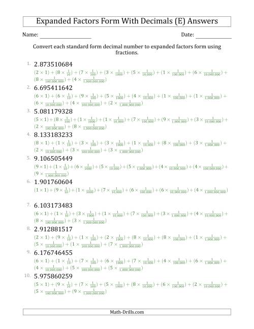 The Converting Standard Form Decimals to Expanded Factors Form Using Fractions (1-Digit Before the Decimal; 9-Digits After the Decimal) (E) Math Worksheet Page 2