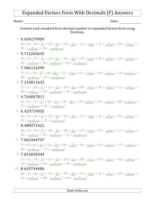 The Converting Standard Form Decimals to Expanded Factors Form Using Fractions (1-Digit Before the Decimal; 9-Digits After the Decimal) (F) Math Worksheet Page 2