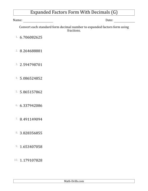 The Converting Standard Form Decimals to Expanded Factors Form Using Fractions (1-Digit Before the Decimal; 9-Digits After the Decimal) (G) Math Worksheet