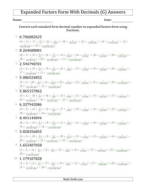 The Converting Standard Form Decimals to Expanded Factors Form Using Fractions (1-Digit Before the Decimal; 9-Digits After the Decimal) (G) Math Worksheet Page 2
