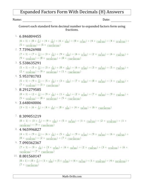 The Converting Standard Form Decimals to Expanded Factors Form Using Fractions (1-Digit Before the Decimal; 9-Digits After the Decimal) (H) Math Worksheet Page 2