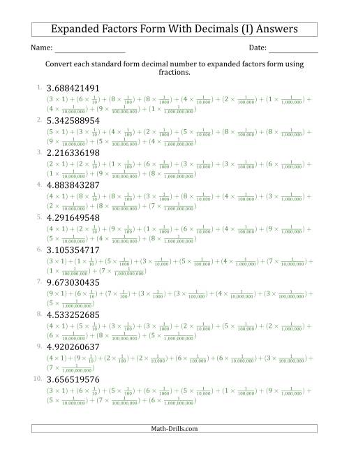 The Converting Standard Form Decimals to Expanded Factors Form Using Fractions (1-Digit Before the Decimal; 9-Digits After the Decimal) (I) Math Worksheet Page 2